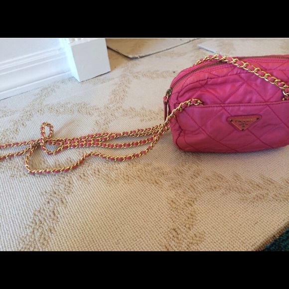 Prada Bag Pink Nylon - Barbie Color with Gold Long Double Chain Straps - Picture 6 of 17